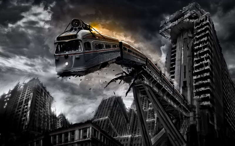Train Flying over Ruins
