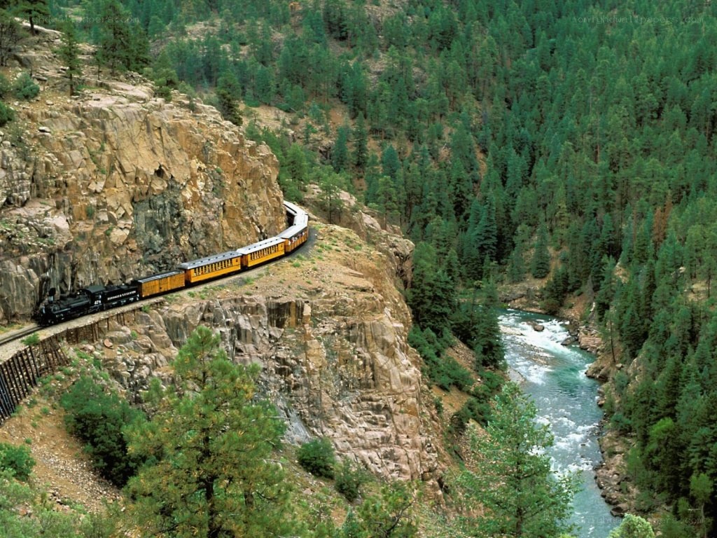 Train in a forested canyon