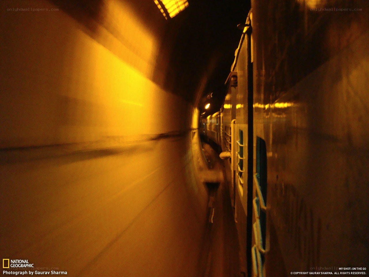 Train in a tunnel at night