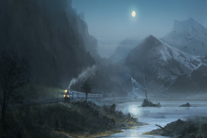 Train in Mountain Valley — Blue, Serene