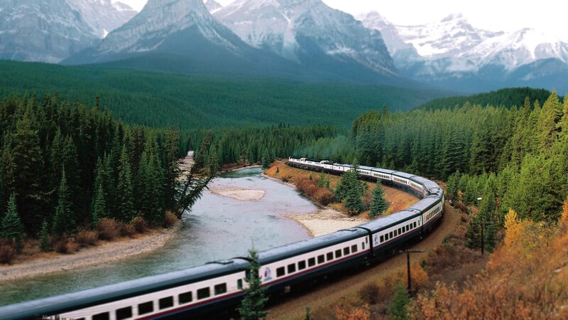 Train in Mountain Valley — Green, Serene, Autumn, Photograph, River, Forest, Mountains
