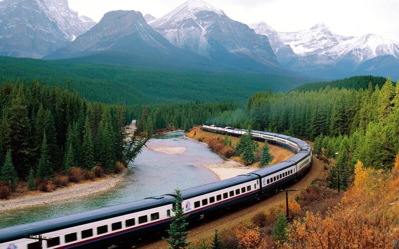 Train in Mountain Valley — Green, Serene, Autumn, Photograph, River, Mountains, Forest, Blue, Brown