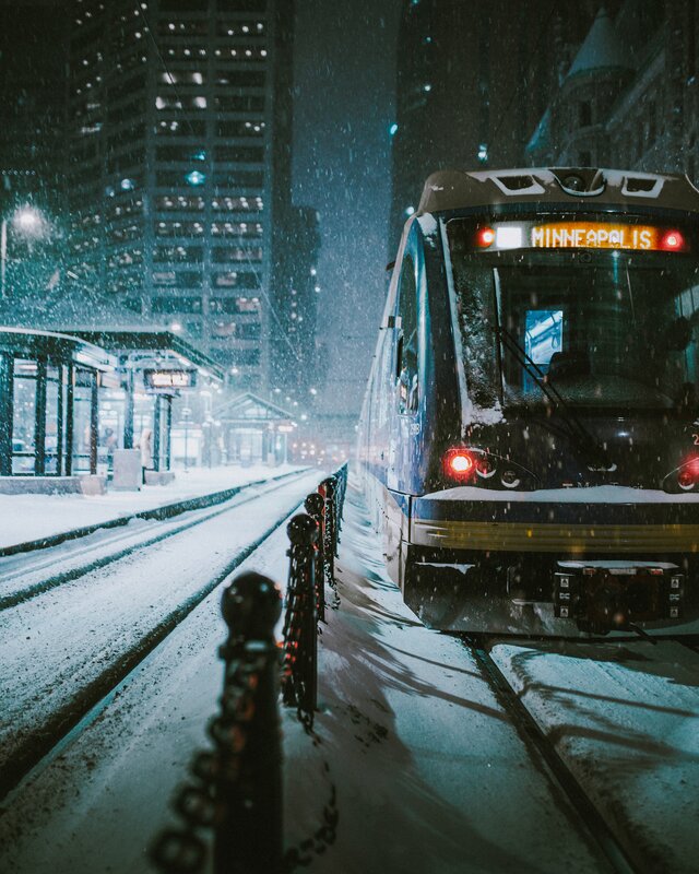 Train in Snowstorm — Blue, Cold, Night