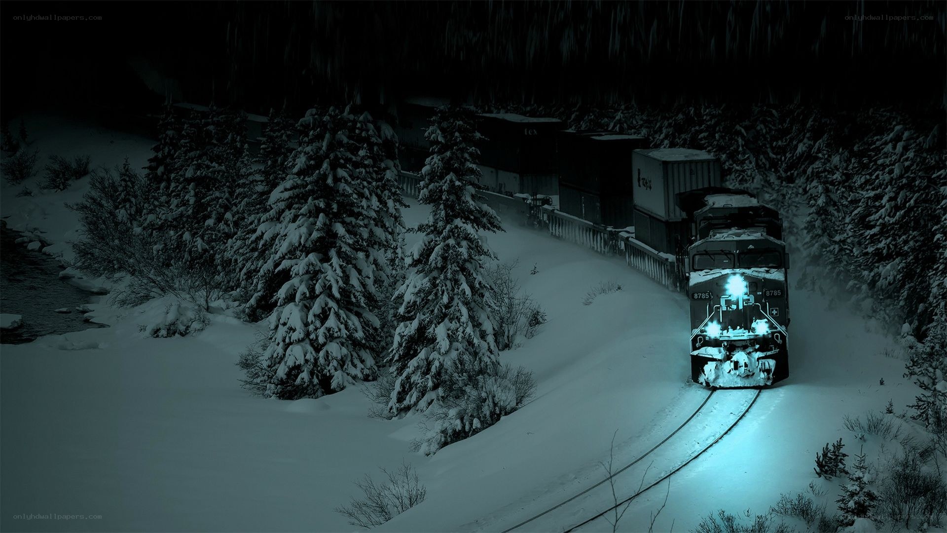 Train in snowy forest at night