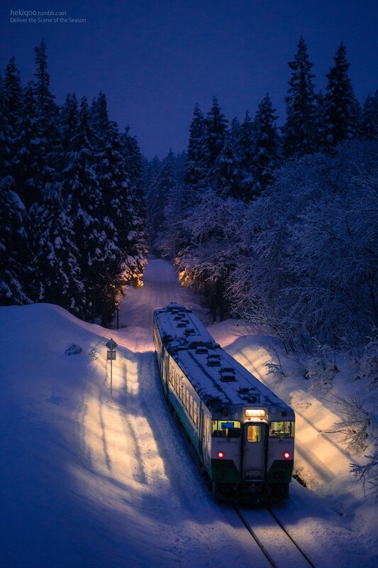 Train in Snowy Forest — Blue
