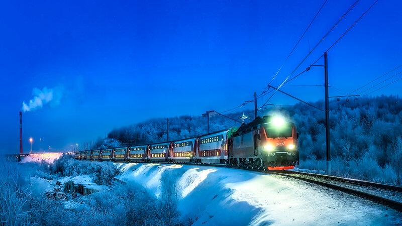 Train in Snowy Landscape — Blue, Dramatic, Night