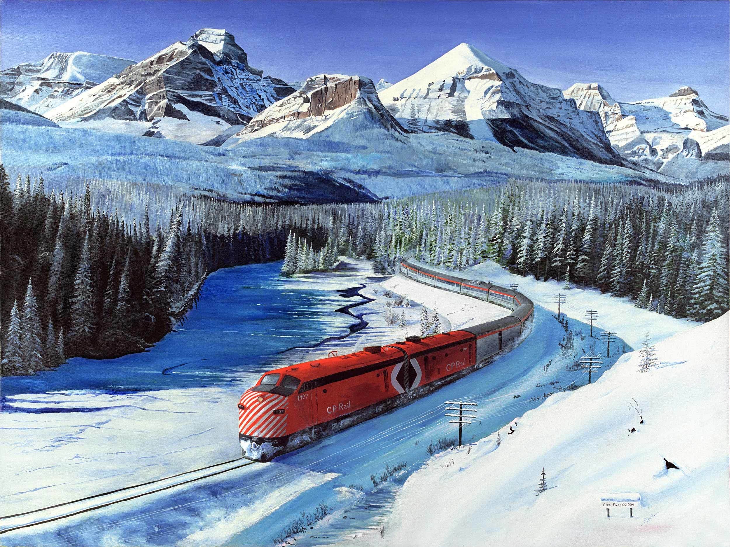 Train in snowy mountain landscape