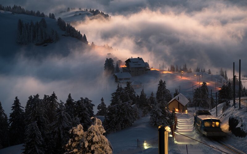 Train in Snowy Mountains — White, Serene, Night
