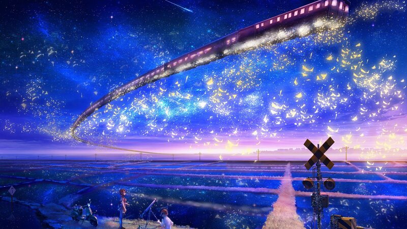 Train in the Sky — Blue, Dreamy, Serene, Night, Anime