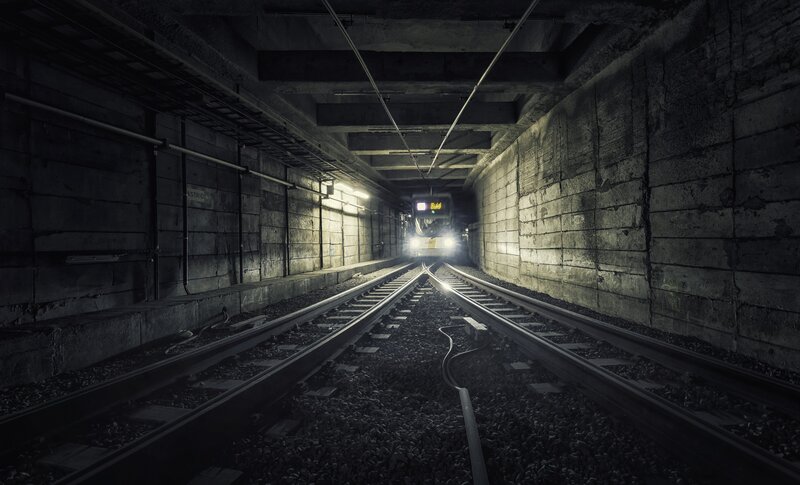 Train in Underground Tunnel — Black, Dark