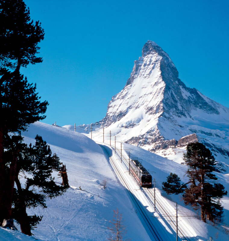 Train near Matterhorn mountain