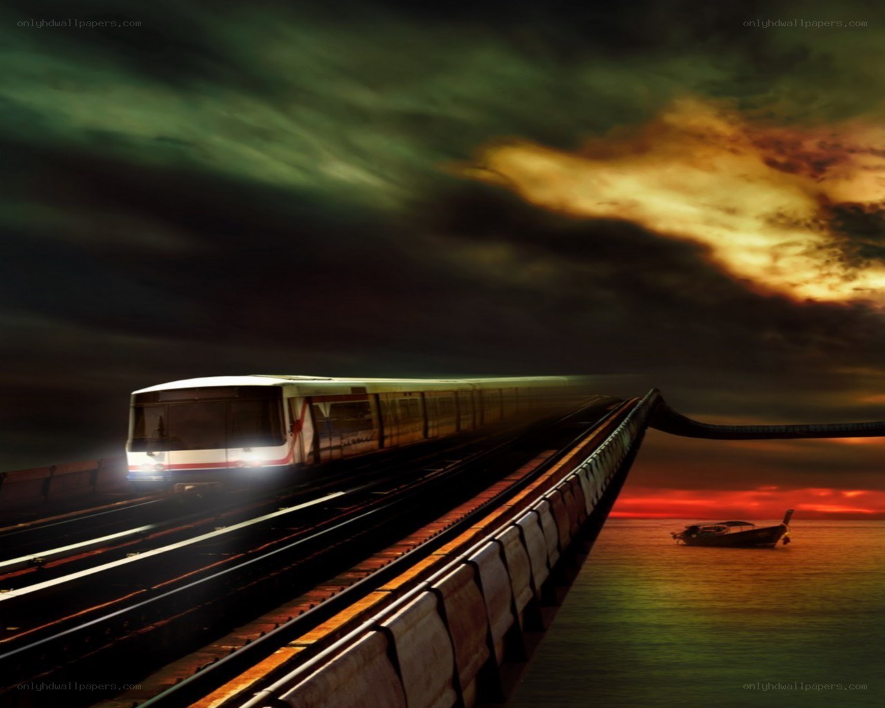 Train on a bridge at sunset
