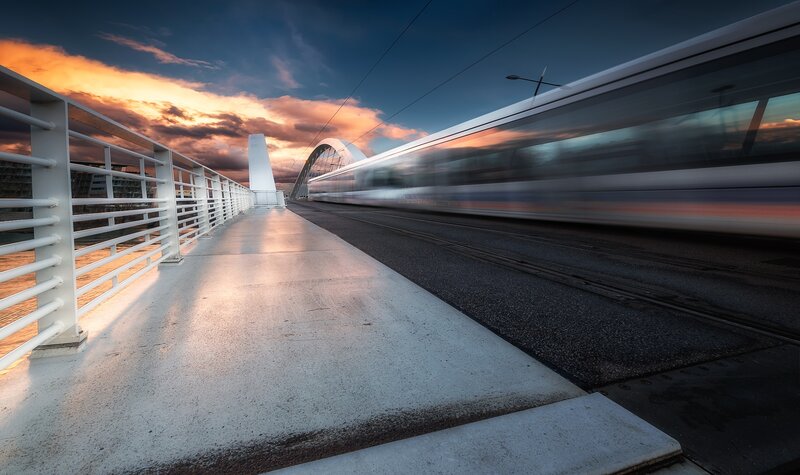 Train on a Bridge — Blue, Dramatic, Sunset