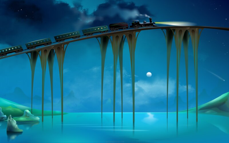 Train on a Bridge — Blue, Dreamy