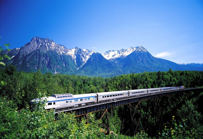 Train on a Bridge — Blue, Serene, Afternoon, Photograph