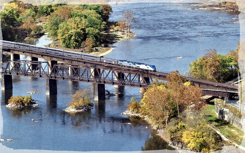 Train on a Bridge — Blue, Serene