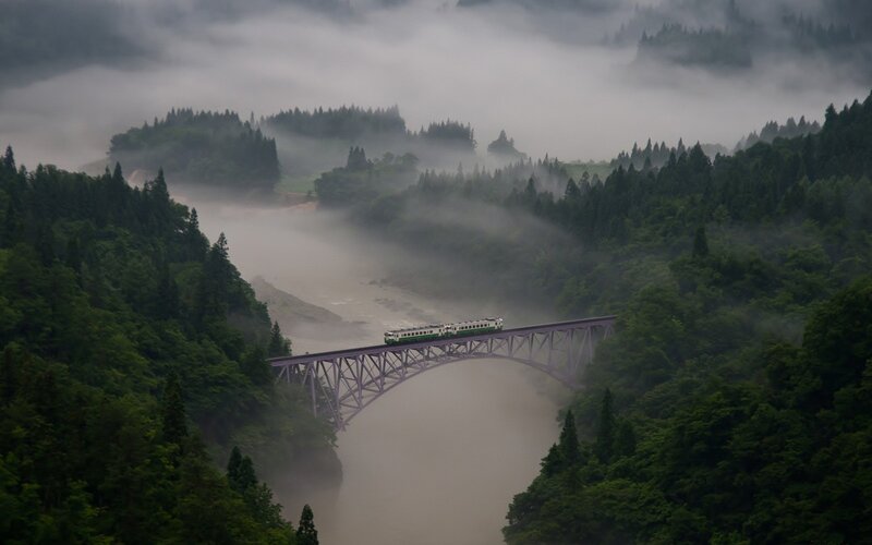 Train on a Bridge — Green, Misty, Morning