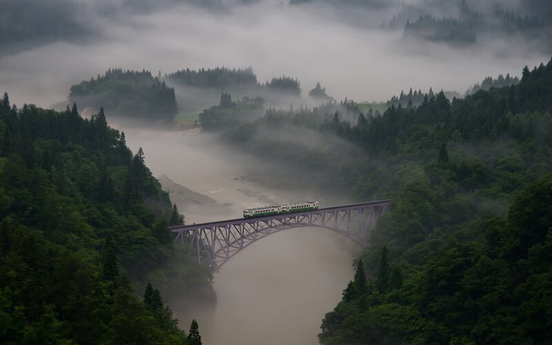 Train on a Bridge — Green, Misty