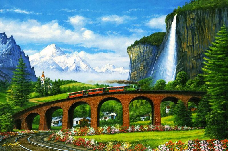 Train on a Bridge — Green, Serene, Afternoon