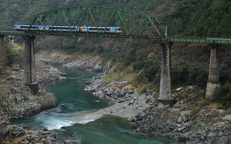 Train on a Bridge — Green, Serene, Autumn