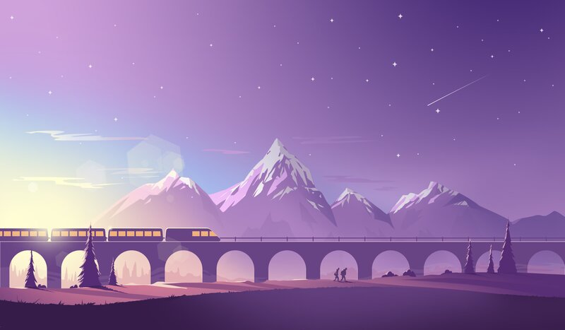 Train on a Bridge — Purple, Serene