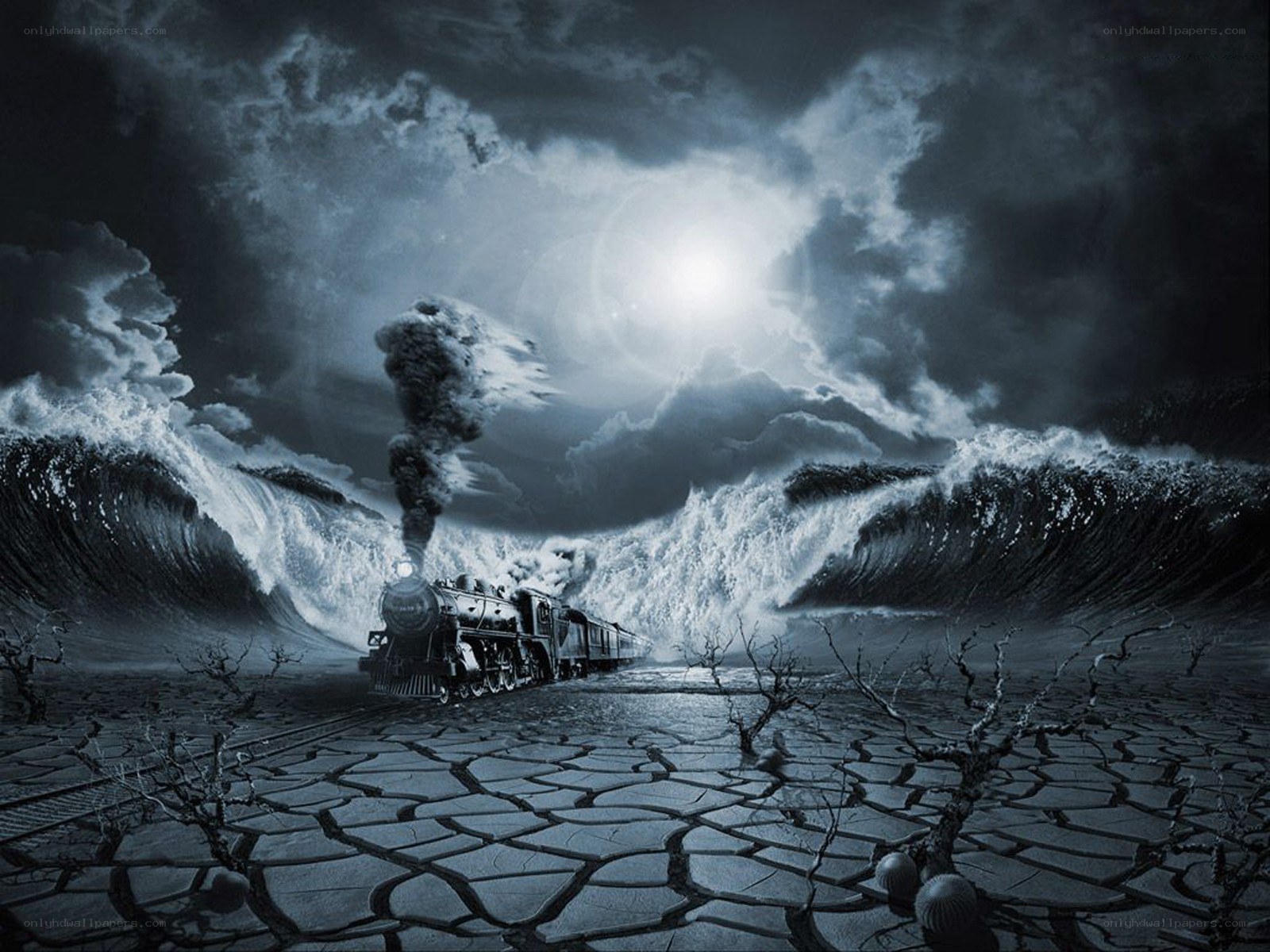 Train on a cracked landscape