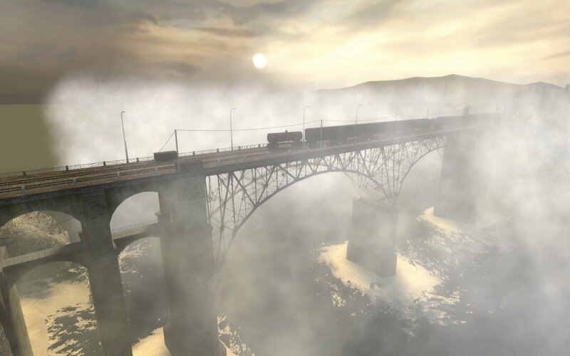 Train on a foggy bridge