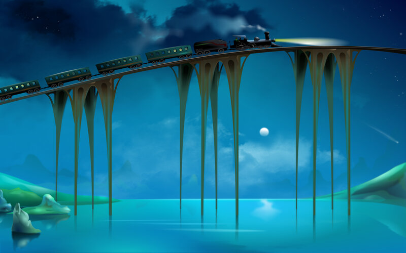 Train on a glowing bridge at night