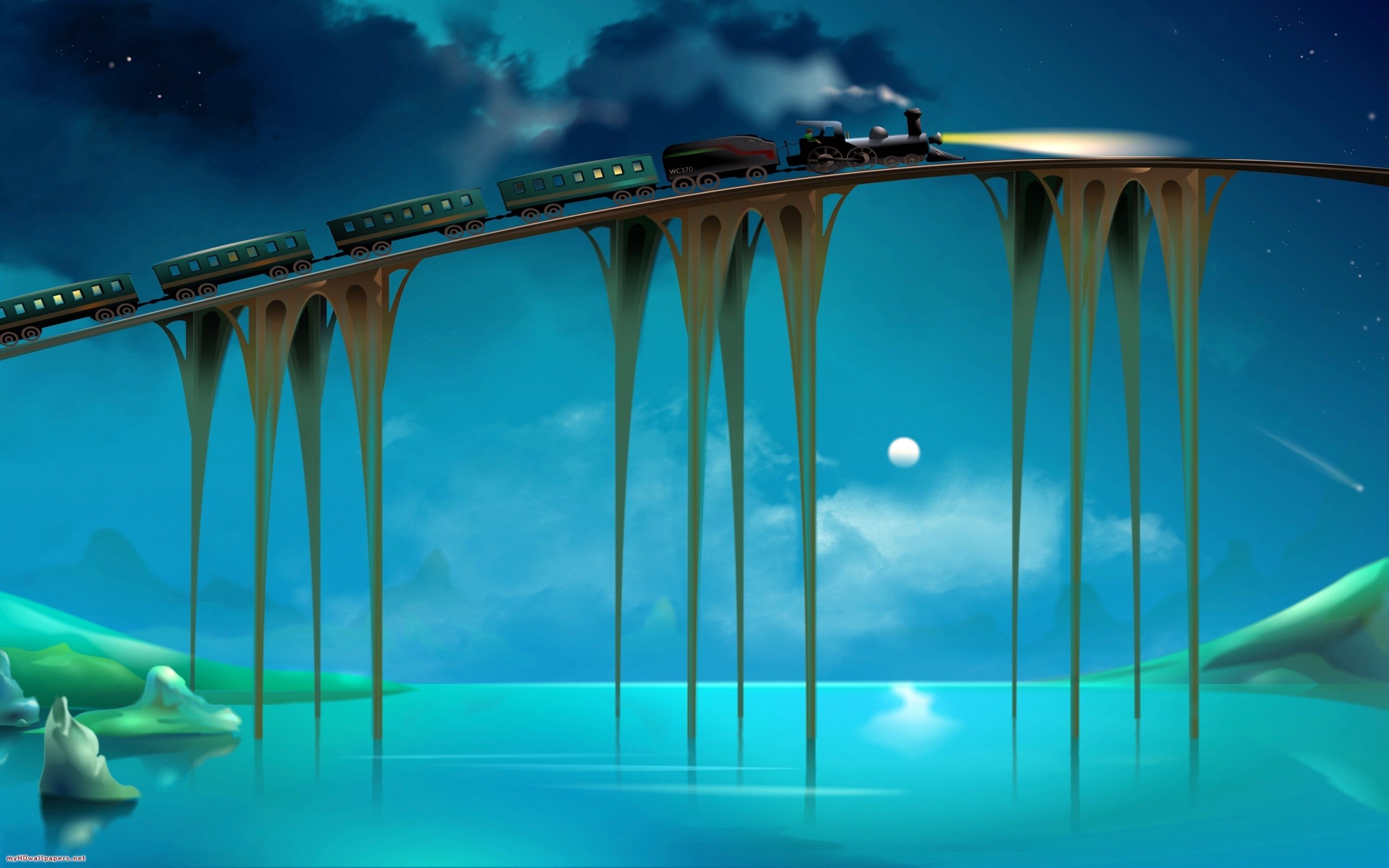 Train on a surreal bridge