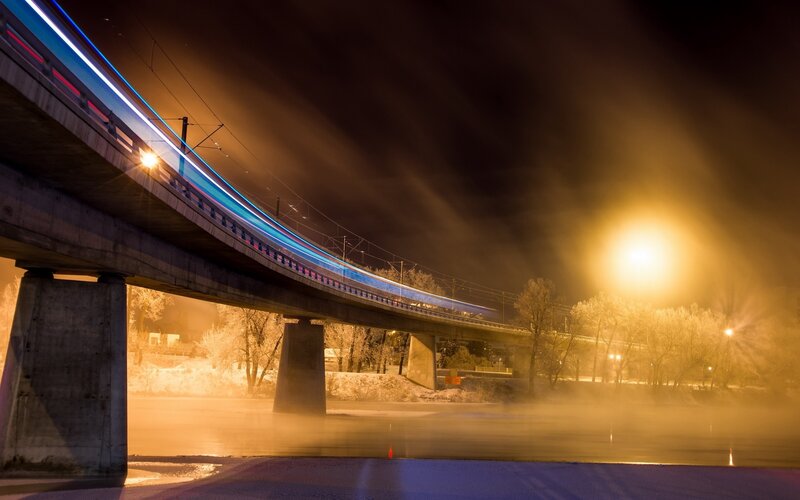 Train on Bridge at Night — Blue, Dramatic, Photograph