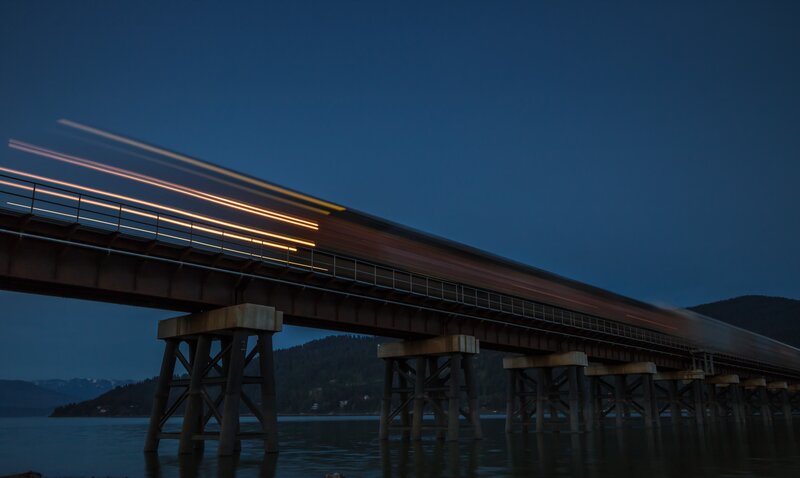 Train on Bridge at Night — Blue, Serene