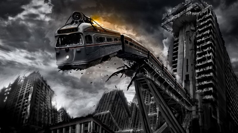 Train on Broken Bridge — Black, Dramatic