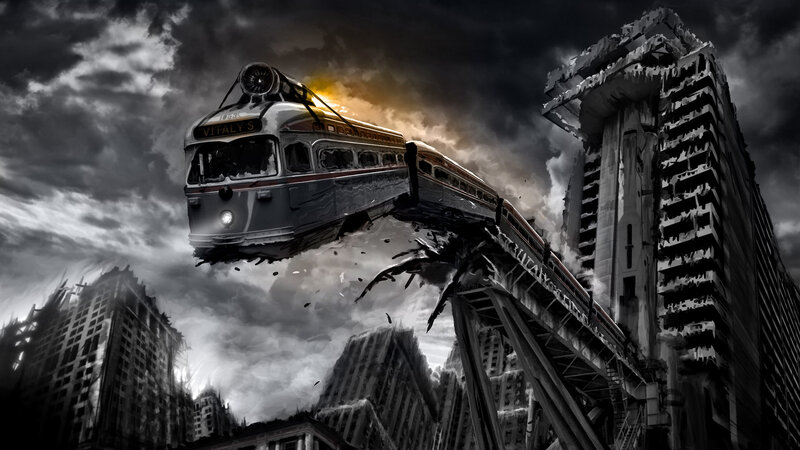 Train on Broken Bridge — Black