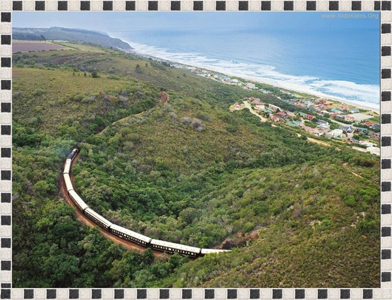 Train on coastal hillside