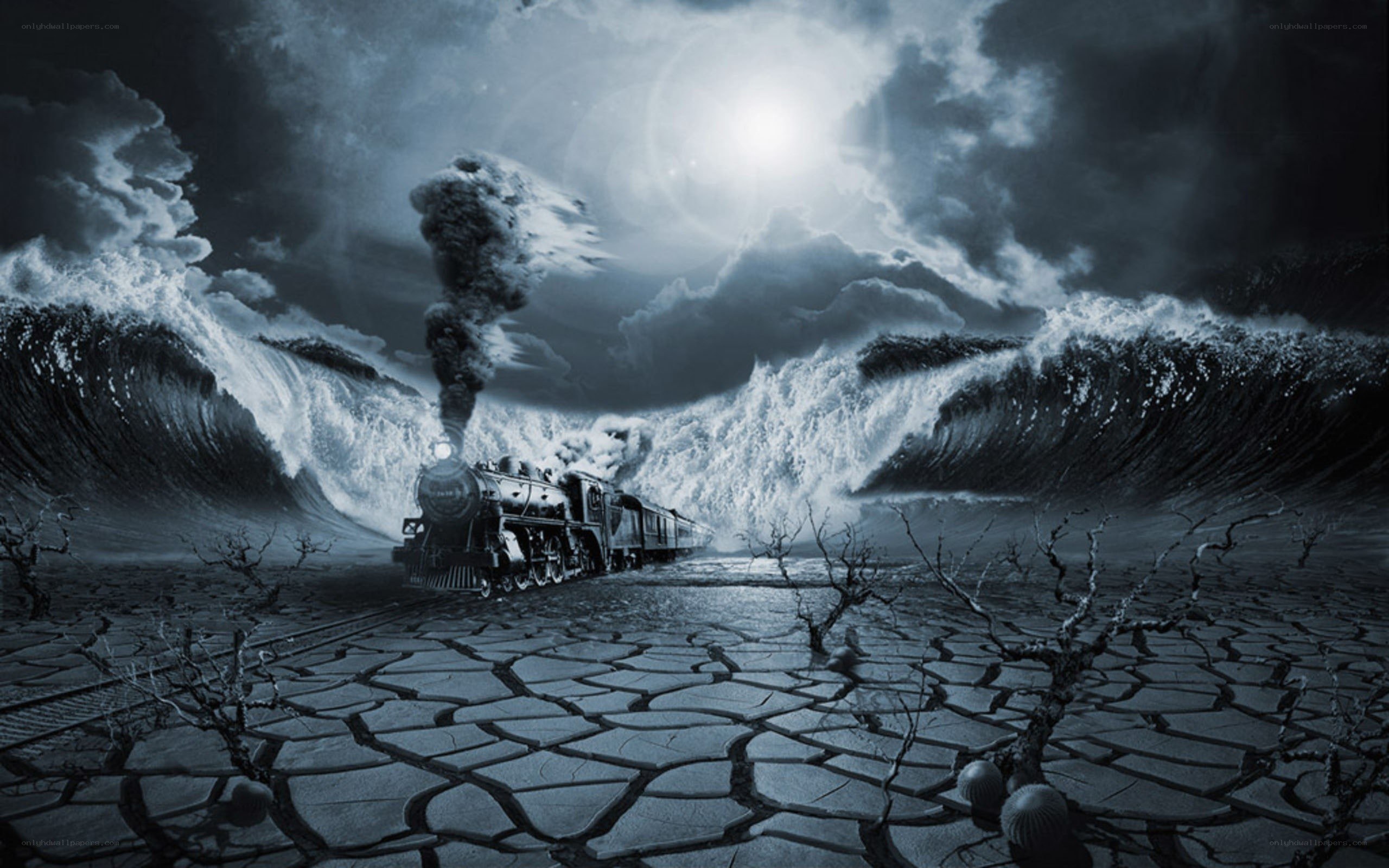 Train on cracked earth with storm