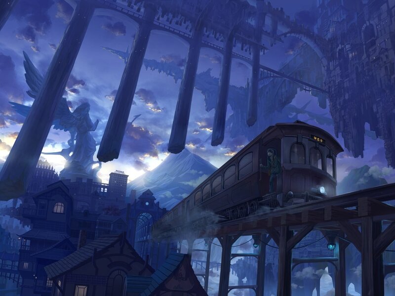 Train on Elevated Track — Blue, Dramatic