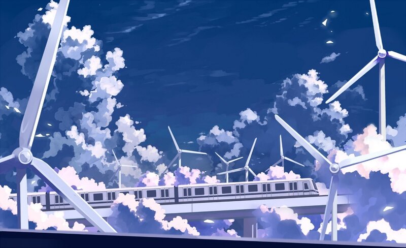 Train on Elevated Track — Blue, Serene
