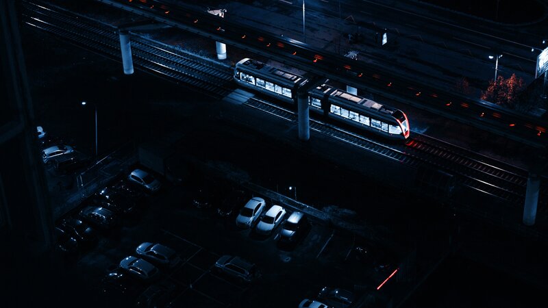 Train on Elevated Tracks — Blue, Dark