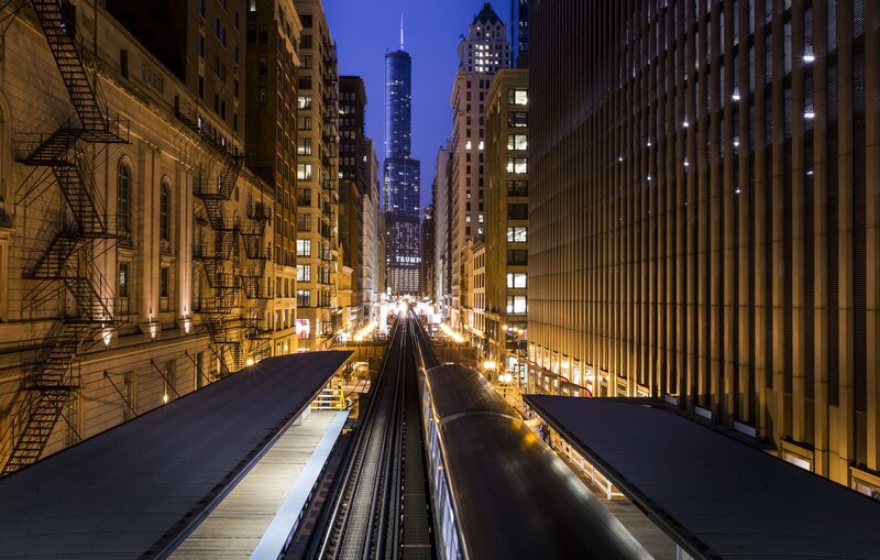 Train on Elevated Tracks — Blue, Dramatic, Night, Photograph