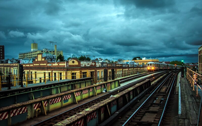 Train on Elevated Tracks — Blue, Dramatic, Night
