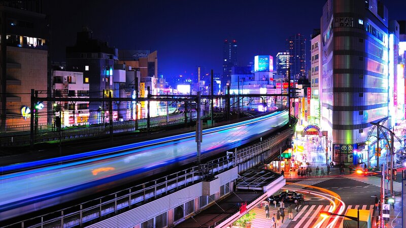 Train on Elevated Tracks — Blue