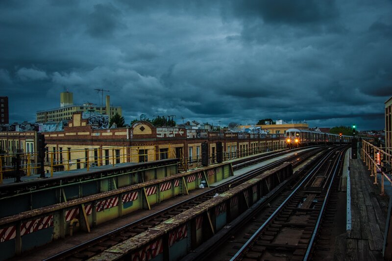 Train on Elevated Tracks — Gray, Dramatic, Night