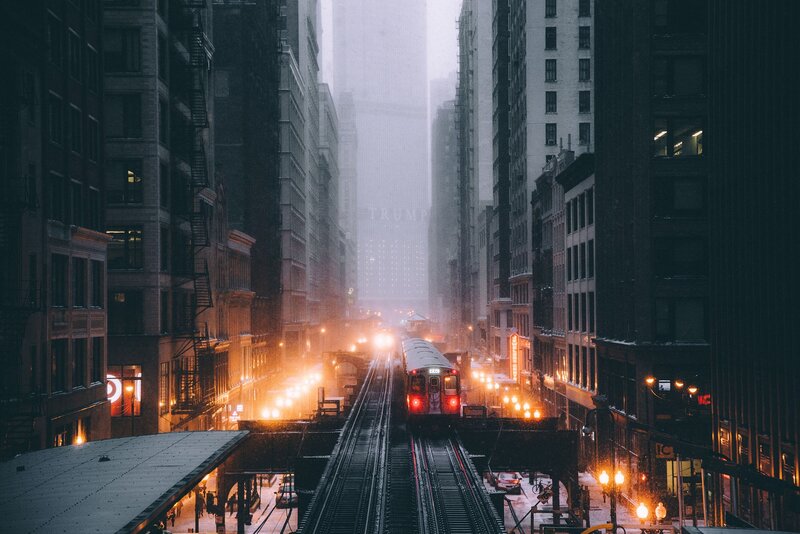 Train on Elevated Tracks — Gray