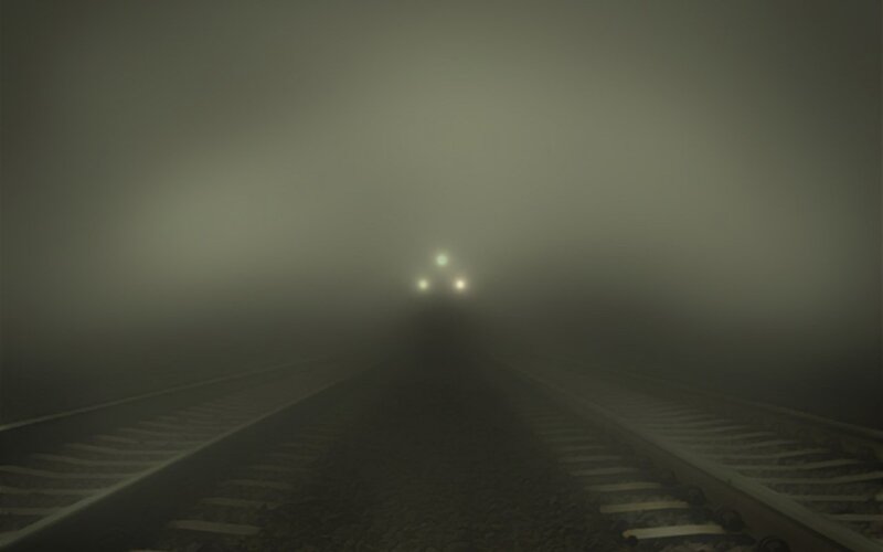 Train on Foggy Tracks — Gray, Mysterious, Night, Photograph