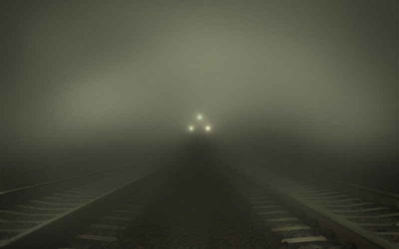 Train on Foggy Tracks — Gray, Mysterious