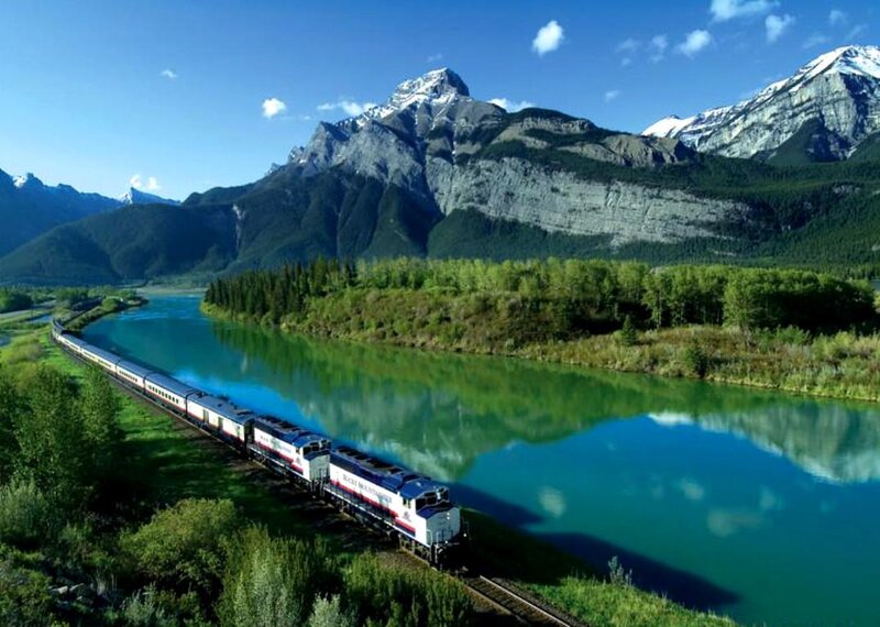 Train on Mountain Track — Blue, Serene