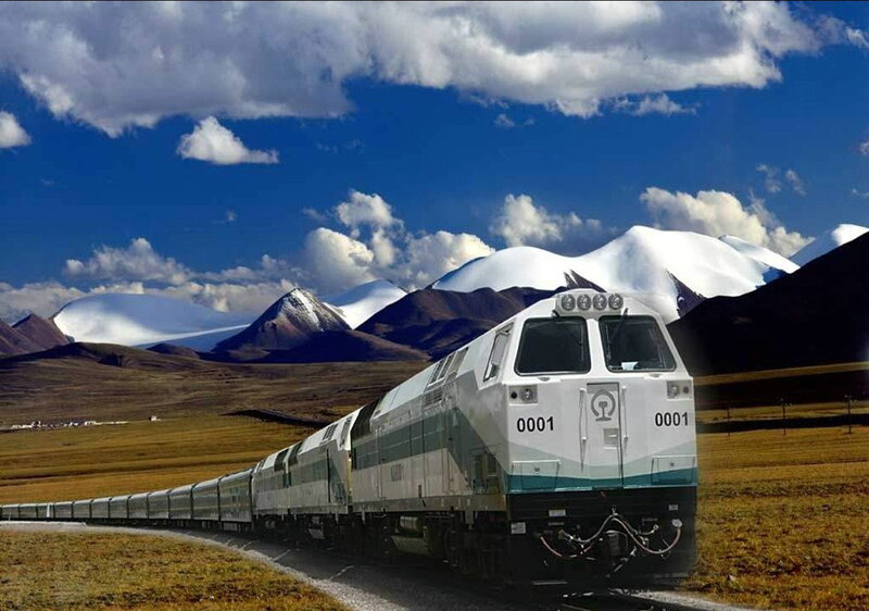 Train on Mountain Track — Blue