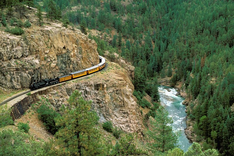 Train on Mountain Track — Green, Dramatic, Afternoon, Photograph