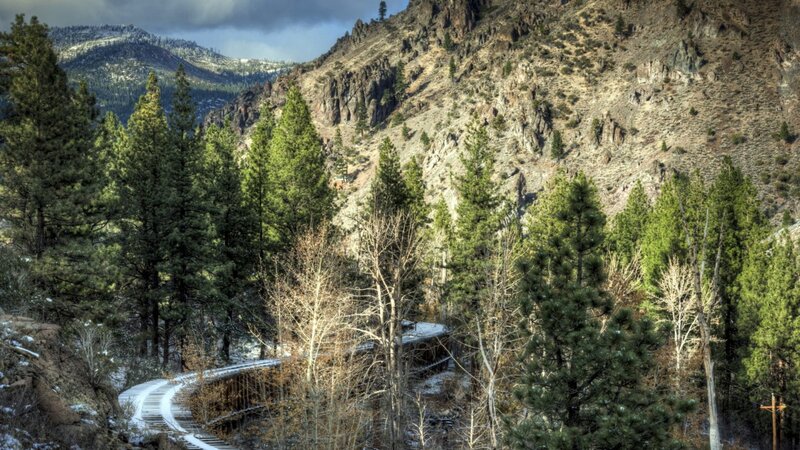 Train on Mountain Track — Green, Dramatic, Winter