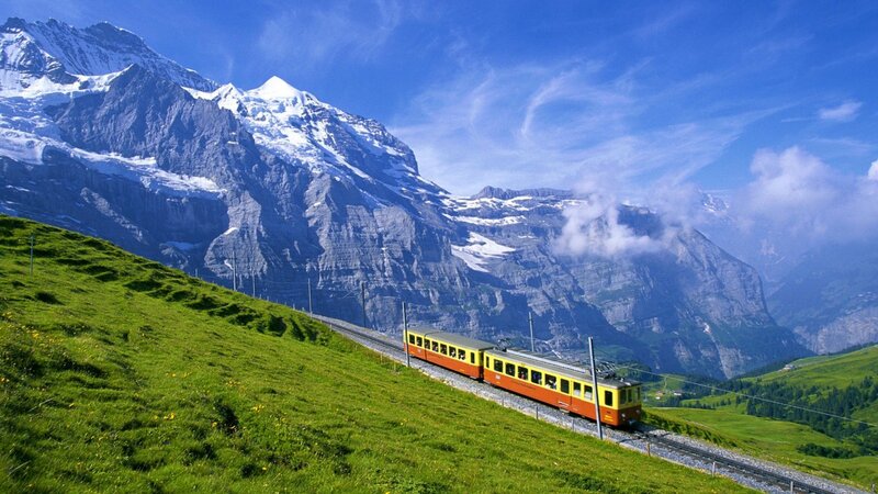 Train on Mountain Track — Green, Serene, Afternoon, Photograph, Grass, Sky